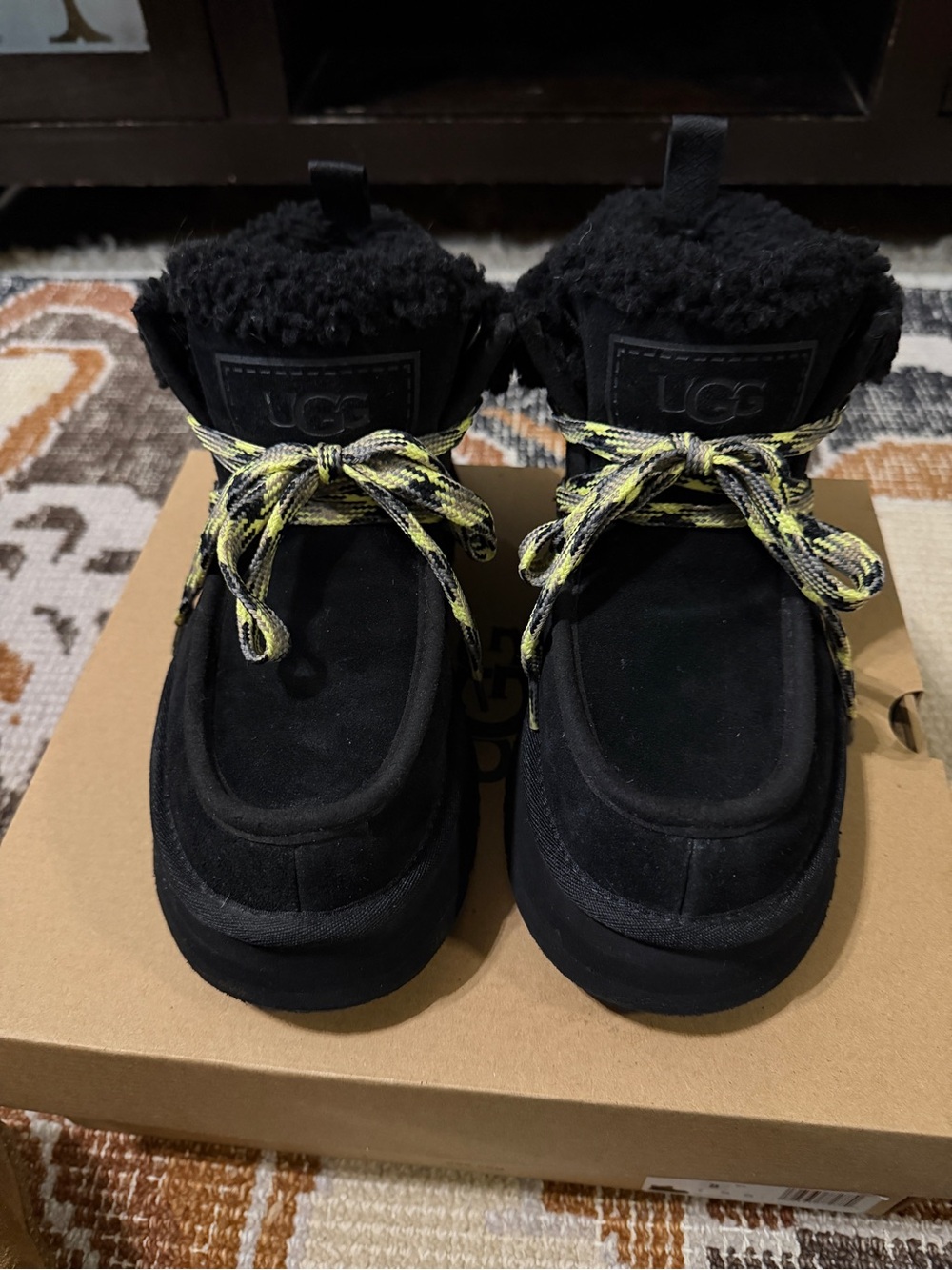 UGG Funkarra Cabin Cuff Black Shearling-Lined Boot with Yellow Accent Laces
